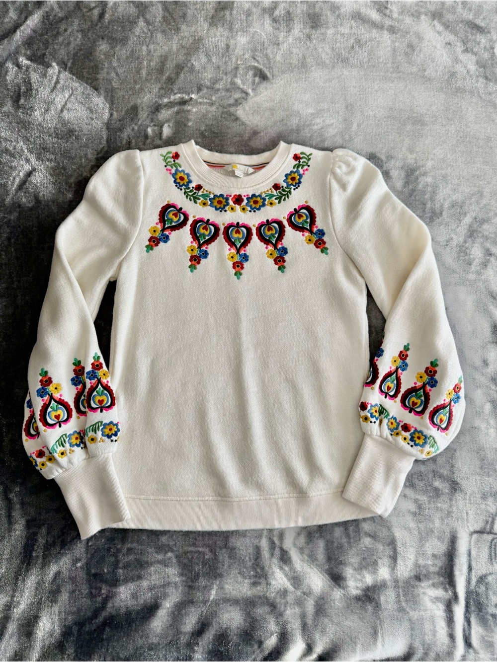 Boden Embroidered Blouson Sweatshirt Size 4 Uk 8 Cream Floral Boho Crew Cotton - Picture 4 of 11